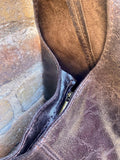 Dark brown slouch bag. Tote leather bag in glossy "distressed" leather with ZIPPER. Chocolate brown genuine leather purse. Wide strap bag.