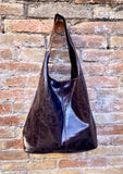 Dark brown slouch bag. Tote leather bag in glossy "distressed" leather with ZIPPER. Chocolate brown genuine leather purse. Wide strap bag.