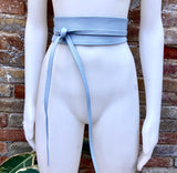 Light blue leather waist belt. Wide wrap belt in BLUE. Genuine leather. Sky blue leather obi belt. Blue wraparound belt