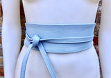 Light blue leather waist belt. Wide wrap belt in BLUE. Genuine leather. Sky blue leather obi belt. Blue wraparound belt