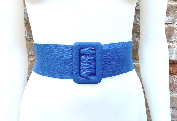 Royal blue leather waist belt with large buckle. Soft leather belt in cobalt. Genuine leather blue dress belt. Wide cobalt blue waist belt