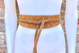 Camel brown suede OBI belt with gold tacks. Genuine soft suede, waist belt, boho dress belt. Wraparound wide belt, tan brown studded belt