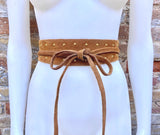 Camel brown suede OBI belt with gold tacks. Genuine soft suede, waist belt, boho dress belt. Wraparound wide belt, tan brown studded belt