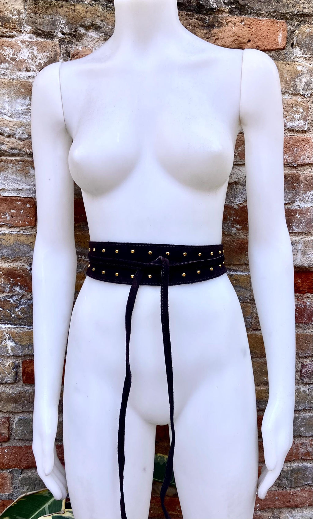 Dark brown suede OBI belt with tacks. Genuine soft suede, waist belt, boho dress belt. Wraparound wide belt, Chocolate brown studded belt