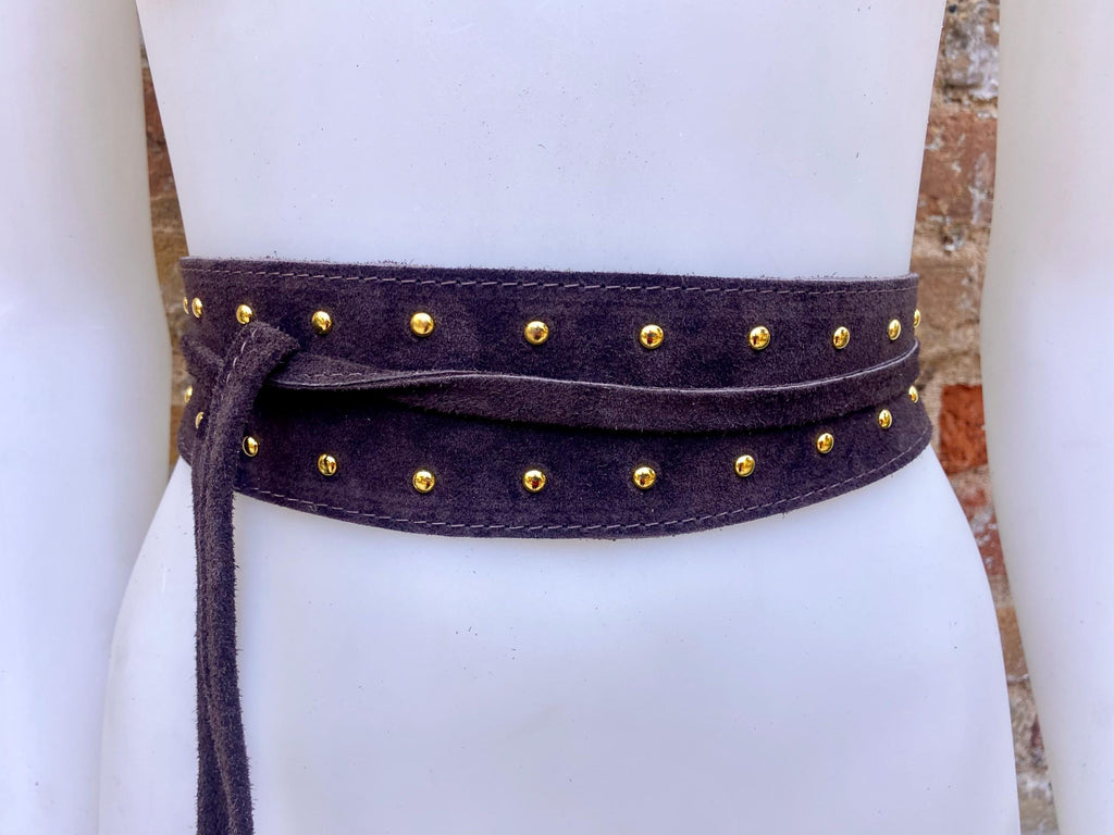 Dark brown suede OBI belt with tacks. Genuine soft suede, waist belt, boho dress belt. Wraparound wide belt, Chocolate brown studded belt