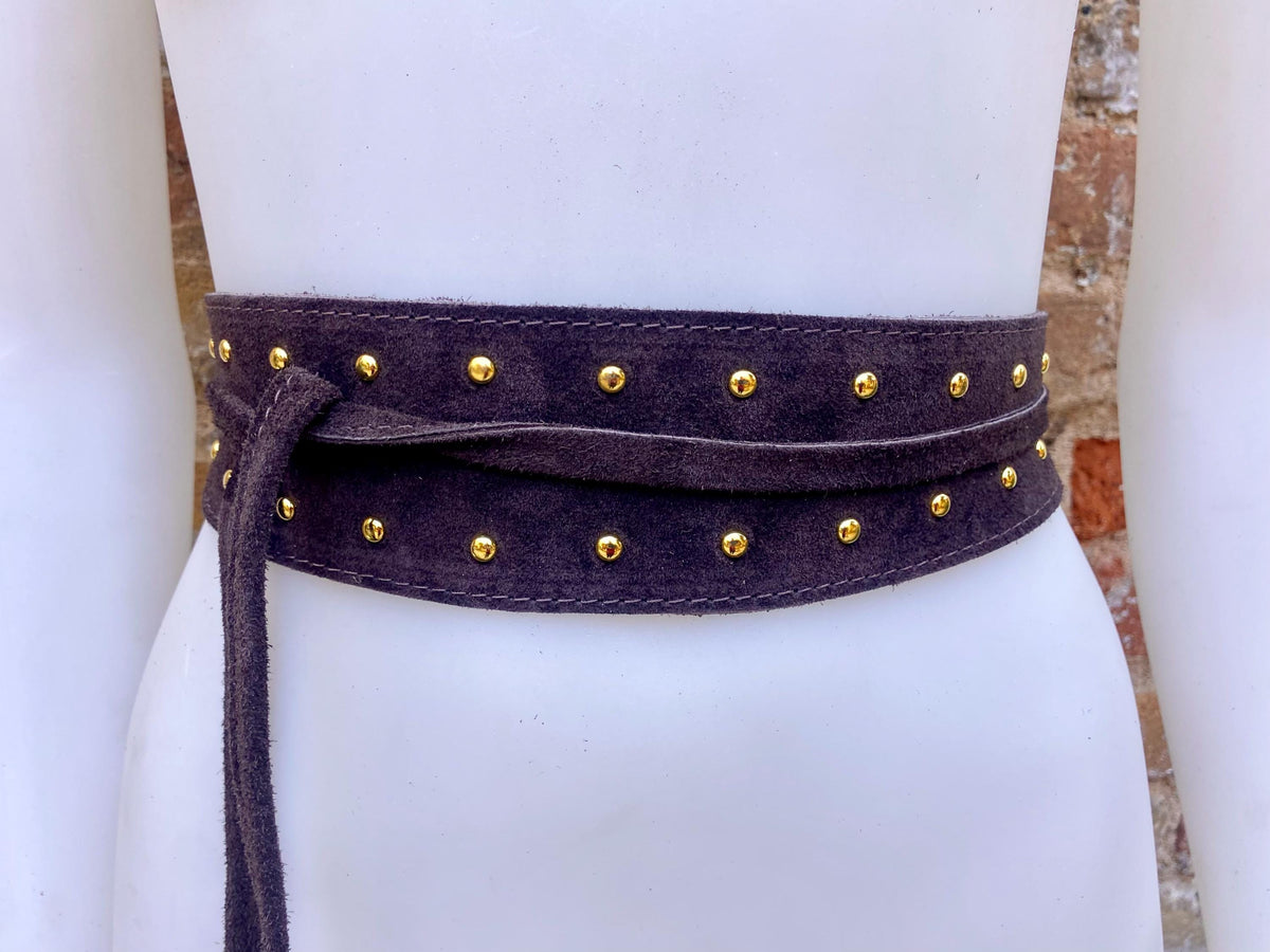Dark brown suede OBI belt with tacks. Genuine soft suede, waist belt, boho dress belt. Wraparound wide belt, Chocolate brown studded belt
