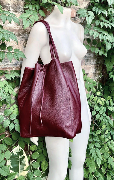 Maroon tote leather bag. Leather shopper in dark burgundy. Natural GENUINE leather. Large wine red purse for your laptop, books...