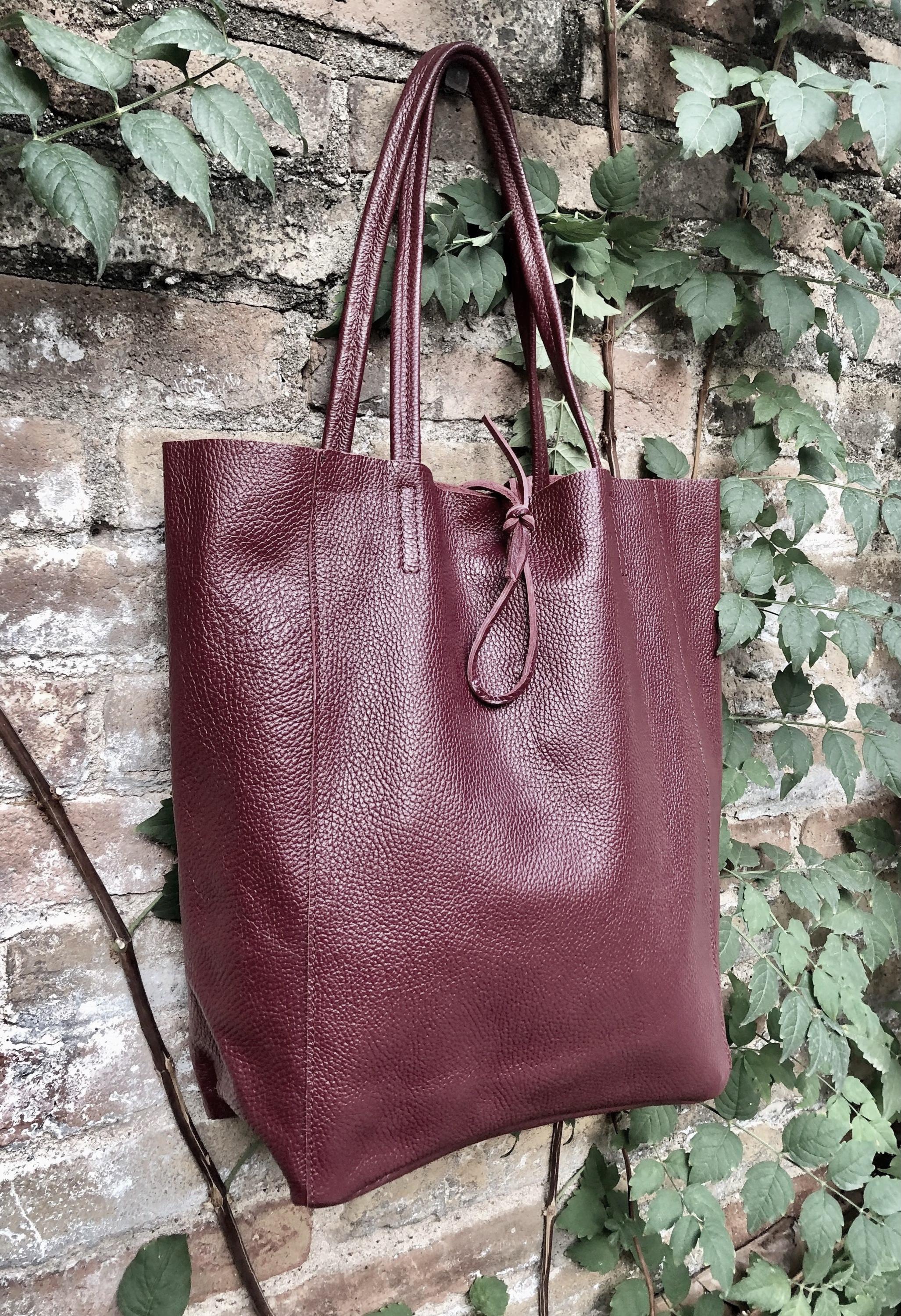 Tote leather bag in dark burgundy. Maroon leather shopper with zipper. GENUINE leather. Large wine red purse for your laptop, books...
