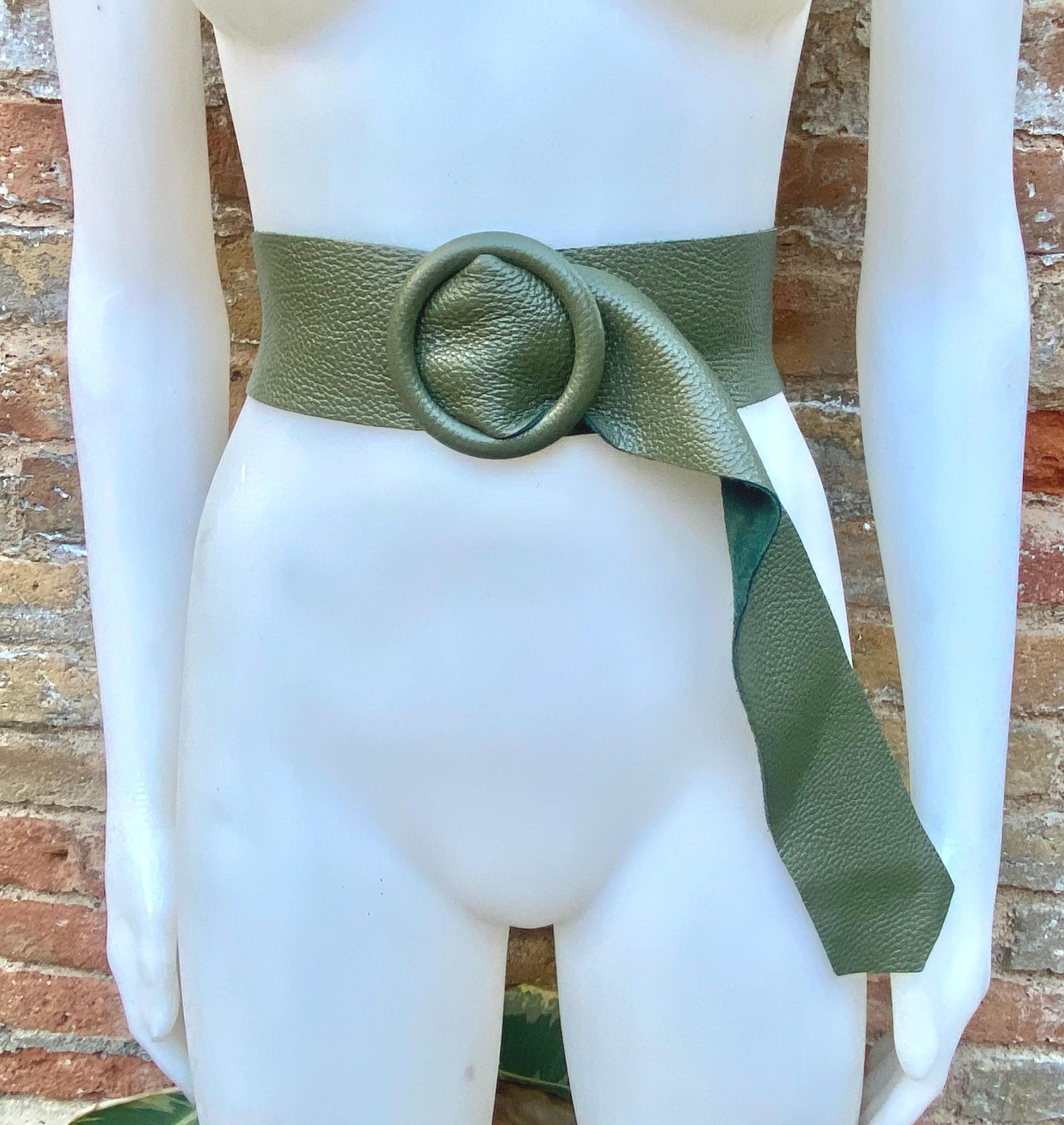 Khaki GREEN leather waist belt with large round buckle. Soft leather belt in dark green. Genuine leather green dress belt. Wide waist belt