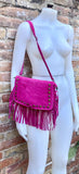 Hot pink crossbody fringed bag with tacks. BOHO fuchsia suede leather bag with FRINGES. Magenta genuine suede leather. Pink suede purse