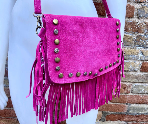 Hot pink crossbody fringed bag with tacks. BOHO fuchsia suede leather bag with FRINGES. Magenta genuine suede leather. Pink suede purse