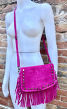 Hot pink crossbody fringed bag with tacks. BOHO fuchsia suede leather bag with FRINGES. Magenta genuine suede leather. Pink suede purse