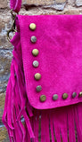 Hot pink crossbody fringed bag with tacks. BOHO fuchsia suede leather bag with FRINGES. Magenta genuine suede leather. Pink suede purse