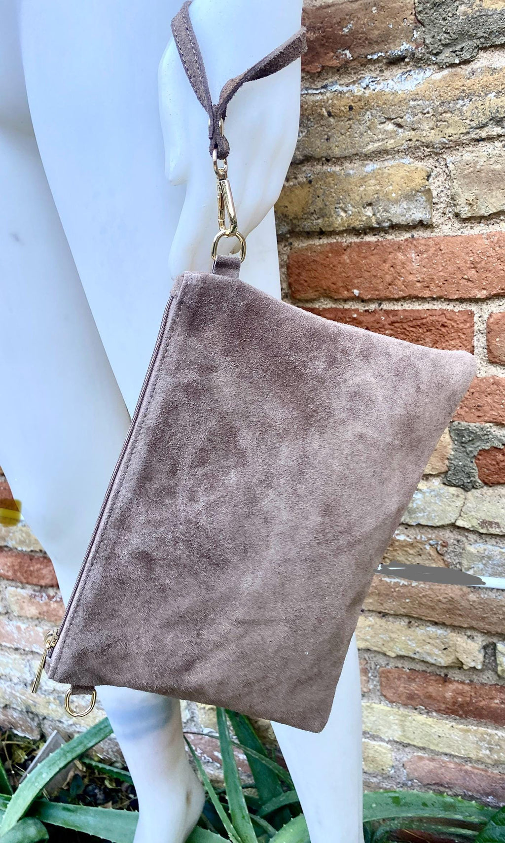 Taupe BROWN small suede leather bag. Crossbody / shoulder bag / wristlet in GENUINE leather. Light greyge brown bag. Flat tan brown purse.