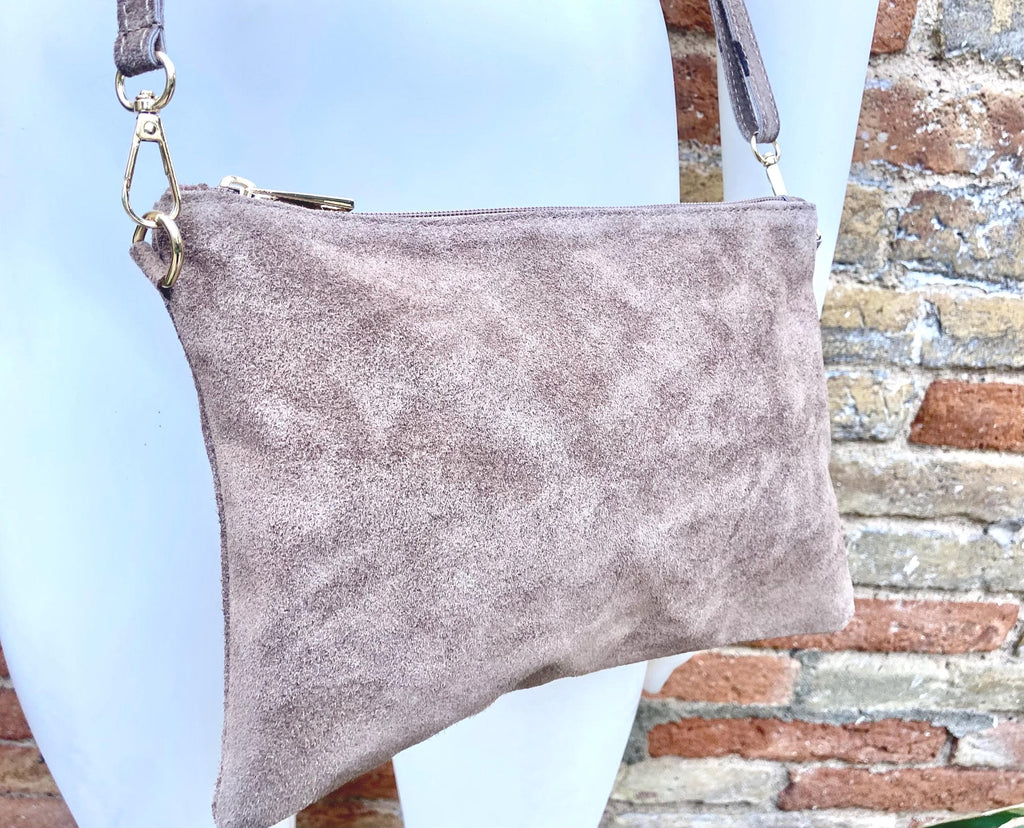 Taupe BROWN small suede leather bag. Crossbody / shoulder bag / wristlet in GENUINE leather. Light greyge brown bag. Flat tan brown purse.