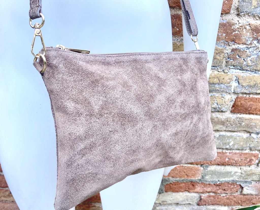 Taupe BROWN small suede leather bag. Crossbody / shoulder bag / wristlet in GENUINE leather. Light greyge brown bag. Flat tan brown purse.