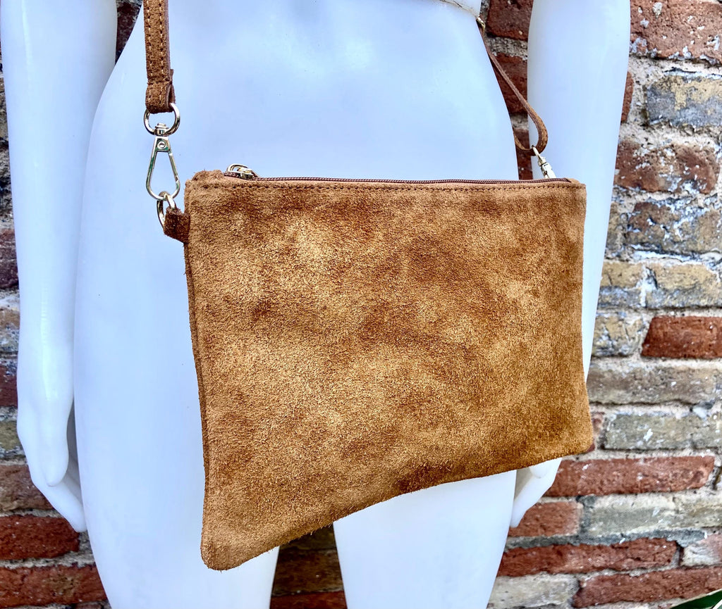 Camel BROWN small suede leather bag. Crossbody / shoulder bag / wristlet in GENUINE leather. Tobacco brown bag. Flat tan brown purse.