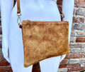 Camel BROWN small suede leather bag. Crossbody / shoulder bag / wristlet in GENUINE leather. Tobacco brown bag. Flat tan brown purse.
