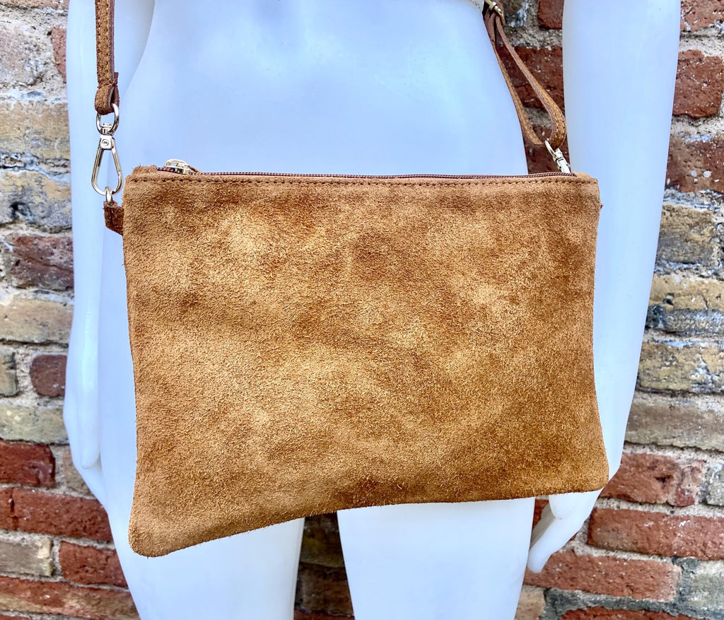 Camel BROWN small suede leather bag. Crossbody / shoulder bag / wristlet in GENUINE leather. Tobacco brown bag. Flat tan brown purse.