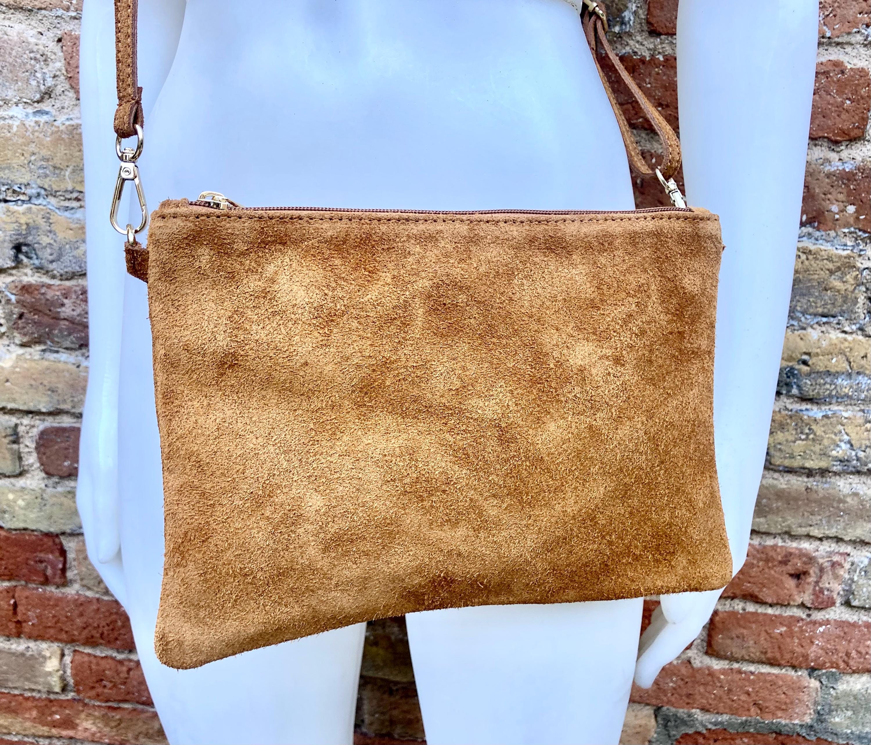 Camel BROWN small suede leather bag. Crossbody / shoulder bag / wristlet in GENUINE leather. Tobacco brown bag. Flat tan brown purse.