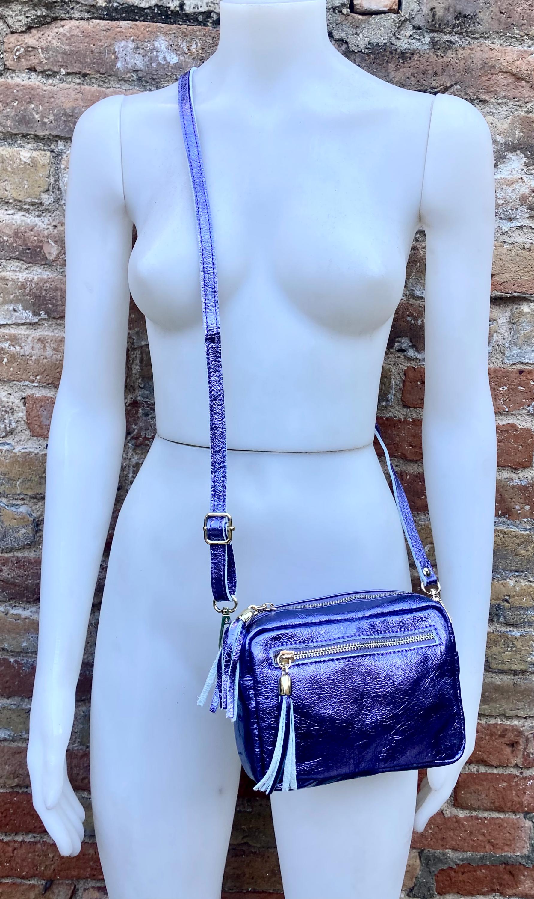 Metallic leather small purple bag. GENUINE leather shoulder / crossbody bag. Purple purse with adjustable strap + zipper. Purple party purse
