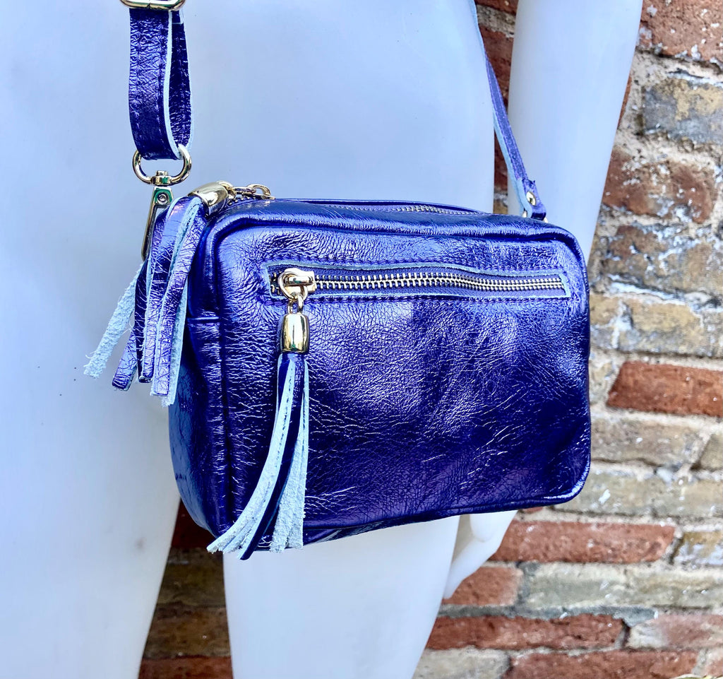 Metallic leather small purple bag. GENUINE leather shoulder / crossbody bag. Purple purse with adjustable strap + zipper. Purple party purse