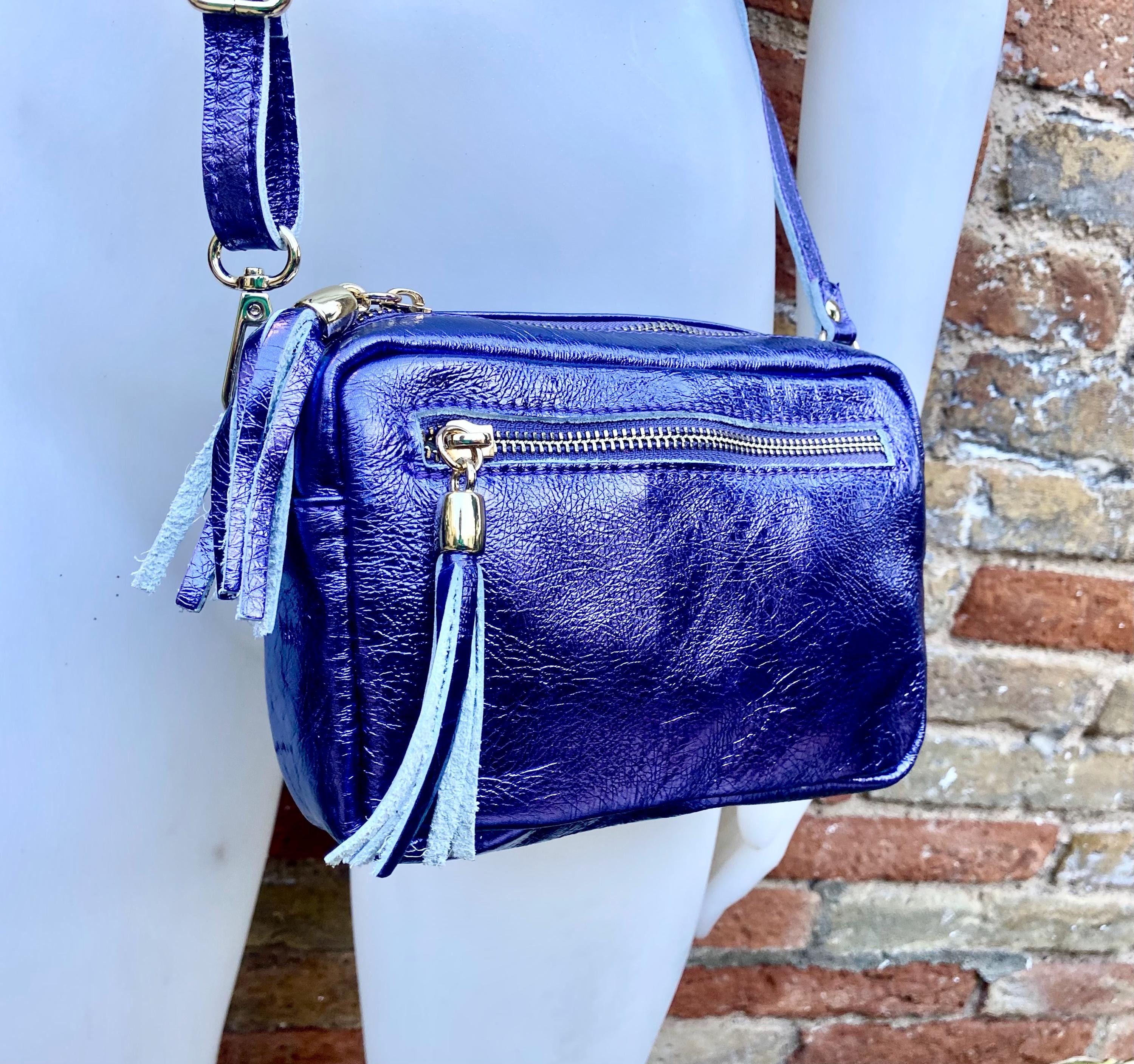 Metallic leather small purple bag. GENUINE leather shoulder / crossbody bag. Purple purse with adjustable strap + zipper. Purple party purse