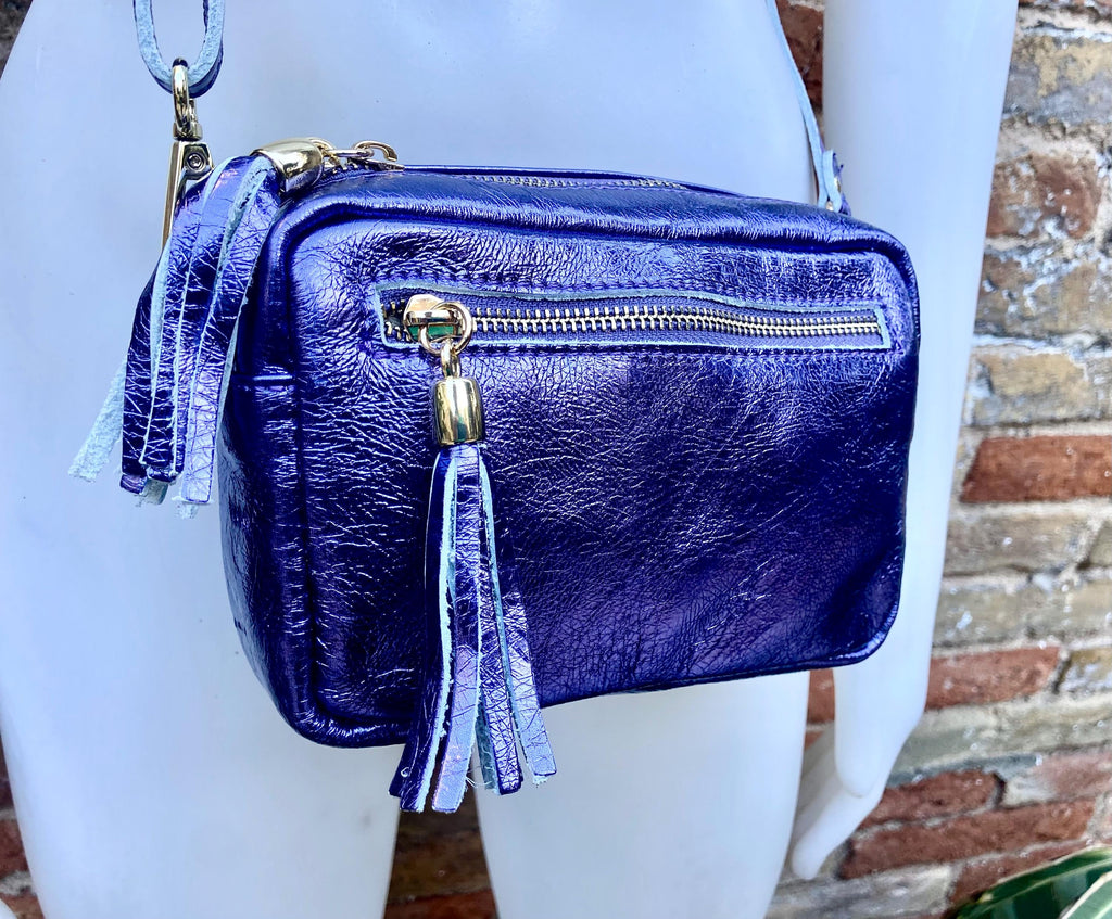 Metallic leather small purple bag. GENUINE leather shoulder / crossbody bag. Purple purse with adjustable strap + zipper. Purple party purse