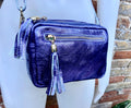 Metallic leather small purple bag. GENUINE leather shoulder / crossbody bag. Purple purse with adjustable strap + zipper. Purple party purse