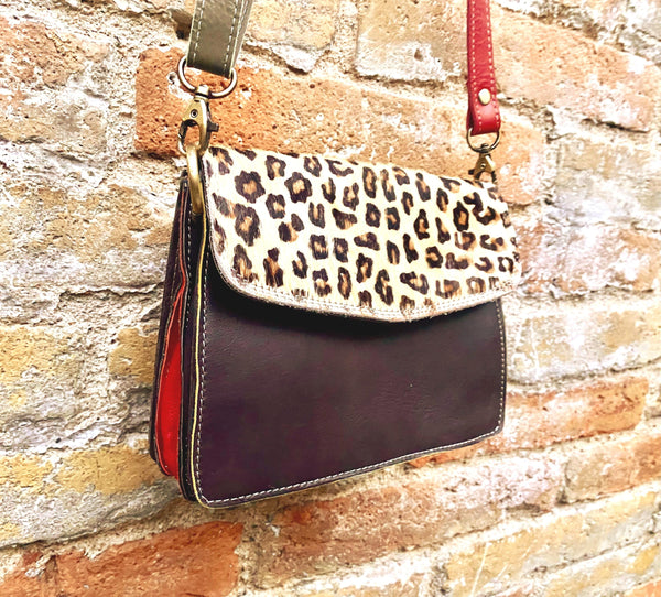 Small cheetah print crossbody bag. Genuine leather. Brown enveloppe bag. Animal print flap. Boho multicolor leopard brown purse.