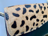 Small cheetah print crossbody bag. Genuine leather. Black enveloppe bag. Animal print flap. Boho multicolor leopard black +beige purse.