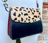 Small cheetah print crossbody bag. Genuine leather. Black enveloppe bag. Animal print flap. Boho multicolor leopard black +beige purse.