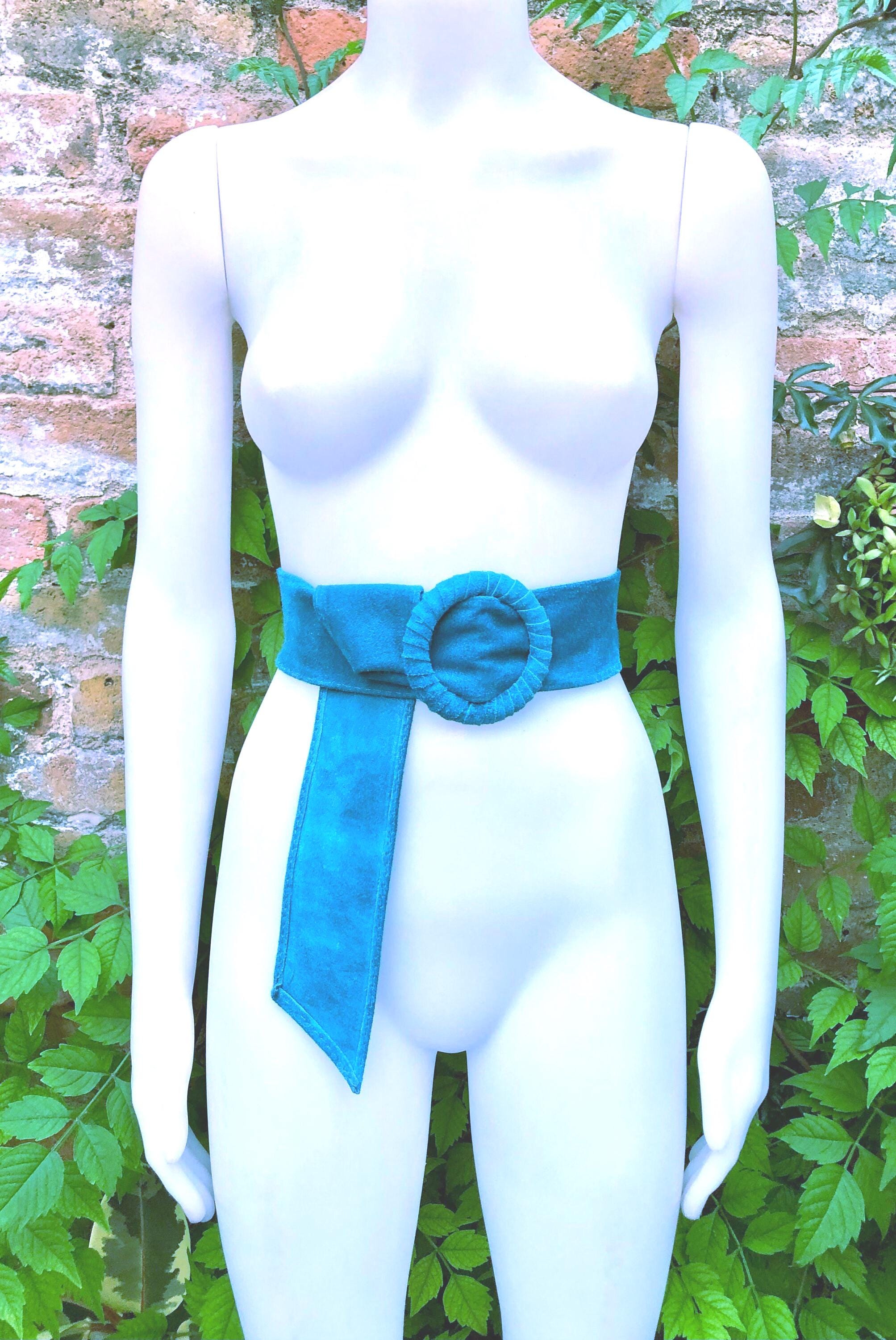 Turquoise suede waist belt with large round buckle.Boho soft suede belt in a light blue shade. Genuine natural blue suede leather
