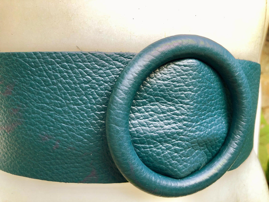 Teal blue leather waist belt. Large round buckle. Soft leather belt in green - blue. Genuine leather teal dress belt. Teal wide waist belt
