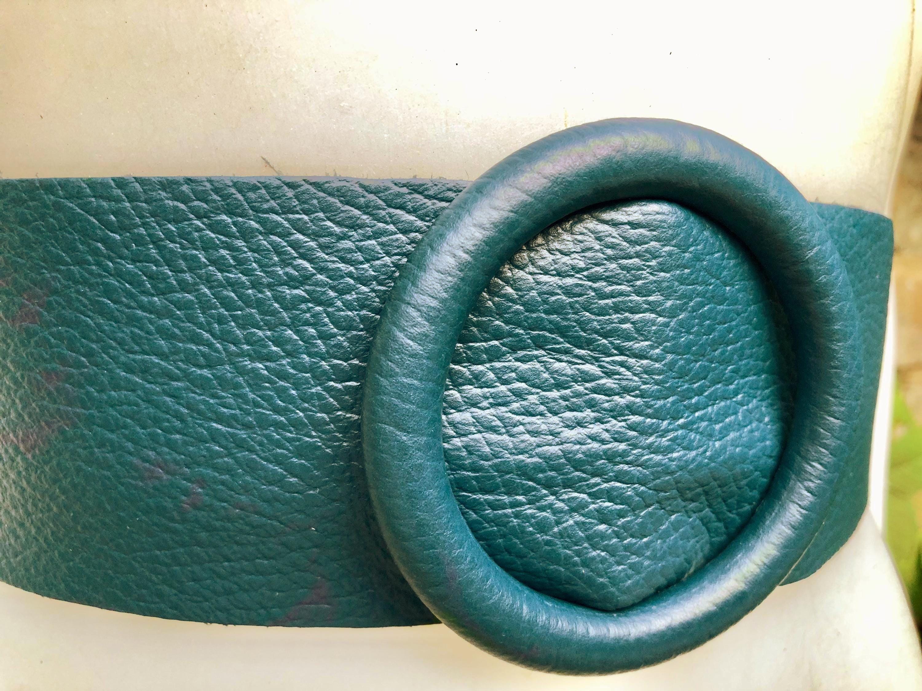 Teal blue leather waist belt. Large round buckle. Soft leather belt in green - blue. Genuine leather teal dress belt. Teal wide waist belt