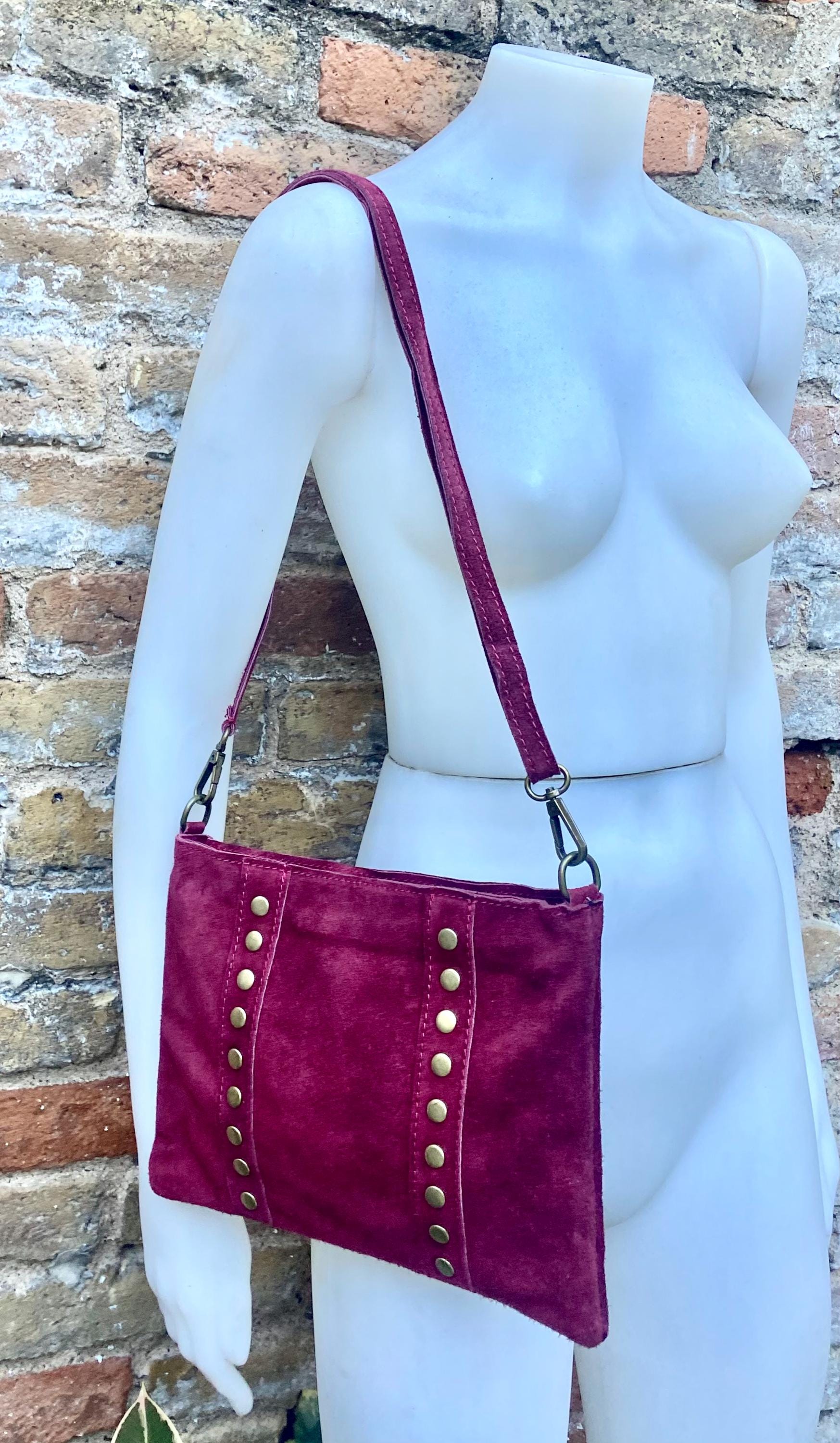 Burgundy suede crossbody.Boho genuine leather bag.Bronze color tacks. Small dark red purse. Wine red flat bag with zipper + adjustable strap