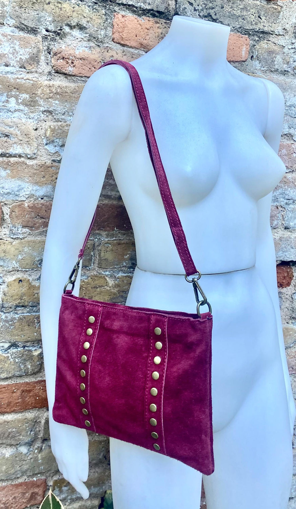 Burgundy suede crossbody.Boho genuine leather bag.Bronze color tacks. Small dark red purse. Wine red flat bag with zipper + adjustable strap
