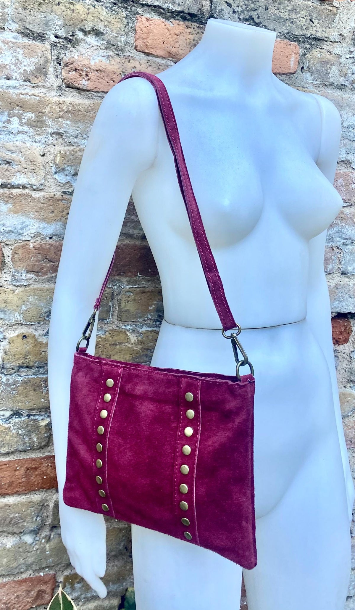 Burgundy suede crossbody.Boho genuine leather bag.Bronze color tacks. Small dark red purse. Wine red flat bag with zipper + adjustable strap