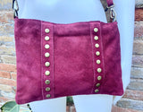 Burgundy suede crossbody.Boho genuine leather bag.Bronze color tacks. Small dark red purse. Wine red flat bag with zipper + adjustable strap