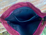 Burgundy suede crossbody.Boho genuine leather bag.Bronze color tacks. Small dark red purse. Wine red flat bag with zipper + adjustable strap