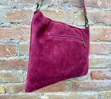 Burgundy suede crossbody.Boho genuine leather bag.Bronze color tacks. Small dark red purse. Wine red flat bag with zipper + adjustable strap