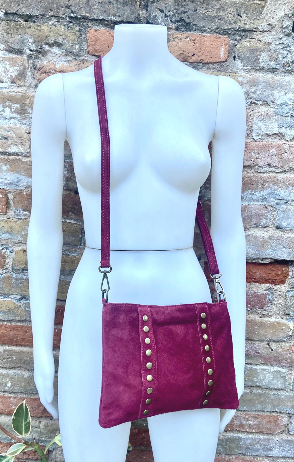 Burgundy suede crossbody.Boho genuine leather bag.Bronze color tacks. Small dark red purse. Wine red flat bag with zipper + adjustable strap