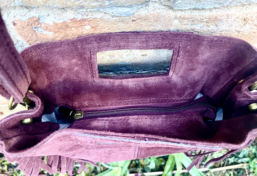 Dark burgundy crossbody fringed bag. Maroon BOHO suede leather bag with FRINGES. Wine red genuine suede leather. Dark red suede purse.