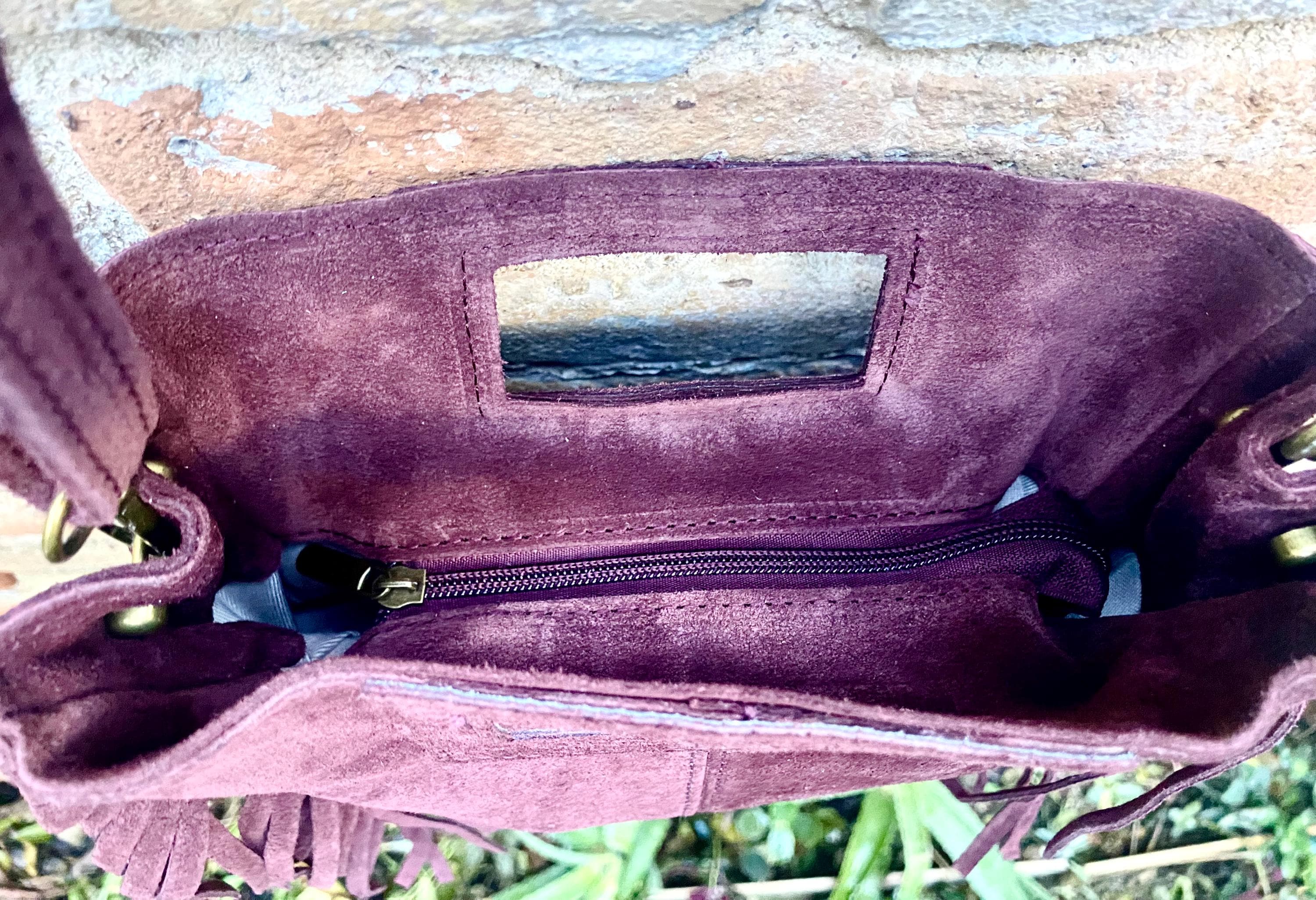 Dark burgundy crossbody fringed bag. Maroon BOHO suede leather bag with FRINGES. Wine red genuine suede leather. Dark red suede purse.