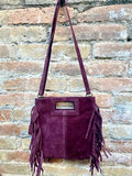 Dark burgundy crossbody fringed bag. Maroon BOHO suede leather bag with FRINGES. Wine red genuine suede leather. Dark red suede purse.