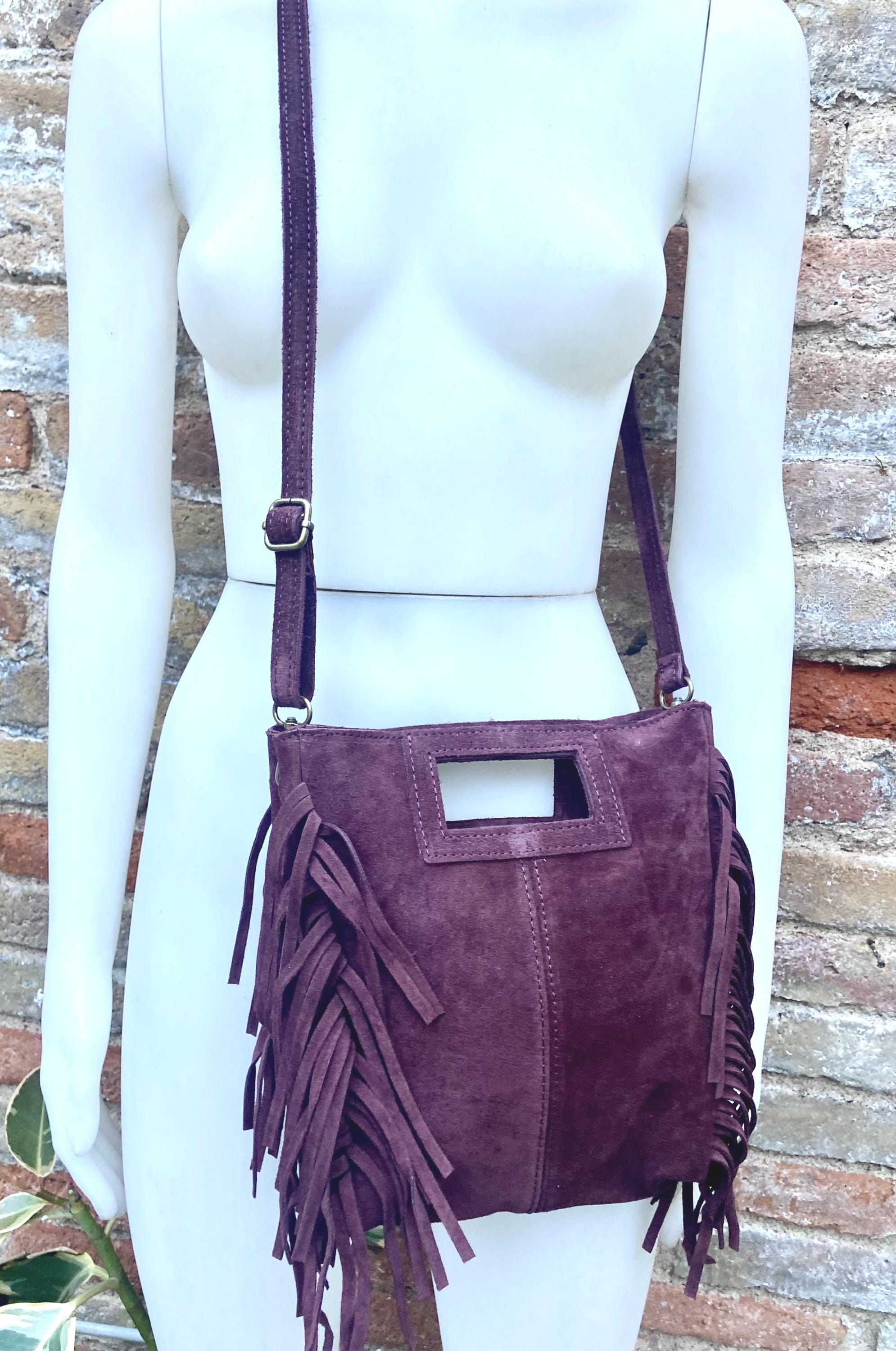 Dark burgundy crossbody fringed bag. Maroon BOHO suede leather bag with FRINGES. Wine red genuine suede leather. Dark red suede purse.