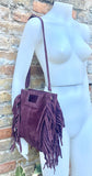 Dark burgundy crossbody fringed bag. Maroon BOHO suede leather bag with FRINGES. Wine red genuine suede leather. Dark red suede purse.