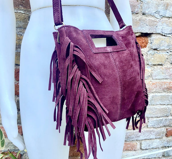 Dark burgundy crossbody fringed bag. Maroon BOHO suede leather bag with FRINGES. Wine red genuine suede leather. Dark red suede purse.