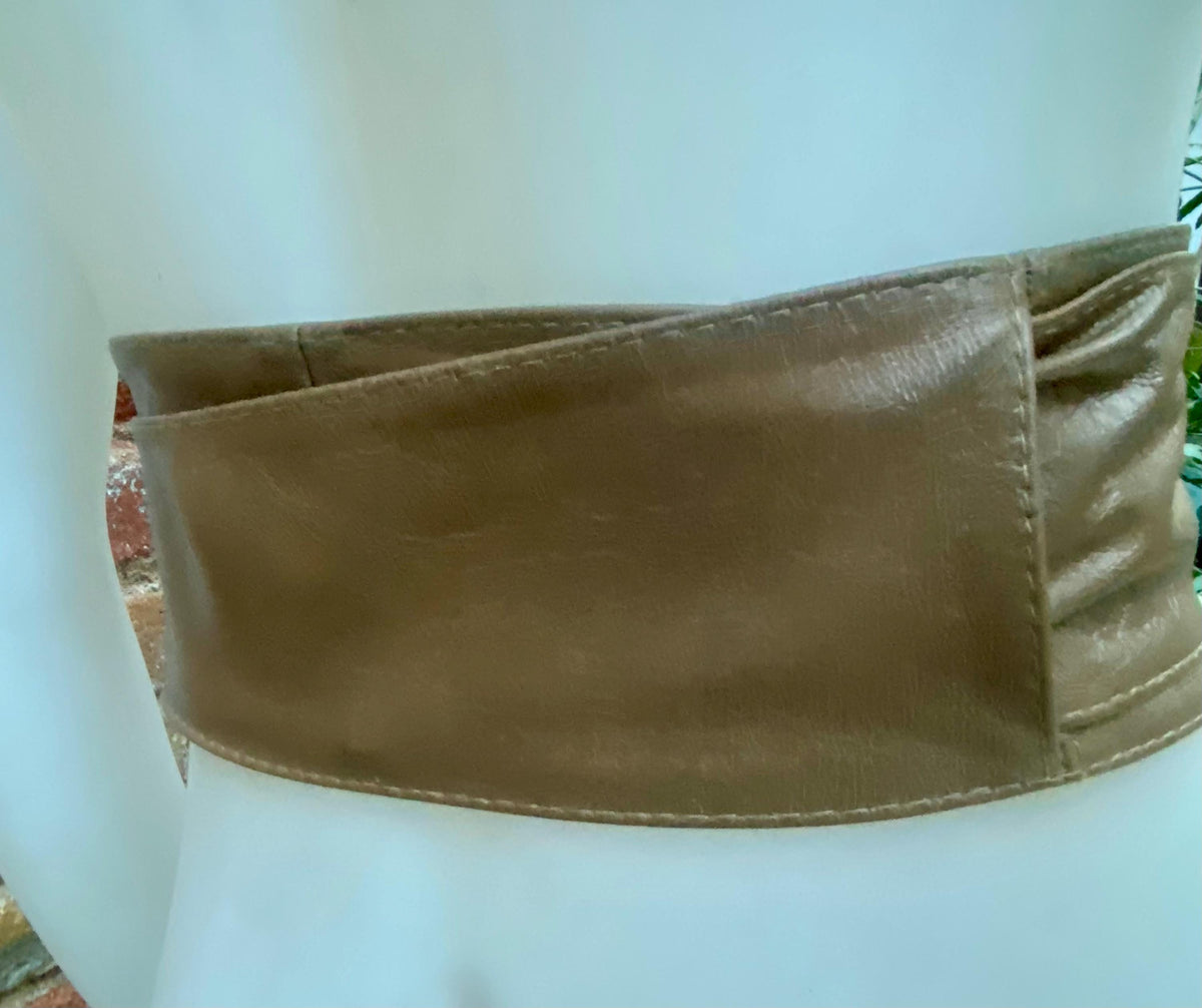 Light KHAKI brown obi belt. Wrap belt in soft genuine leather. Wraparound waist belt. Wide style. Boho wide dress belt in light taupe brown