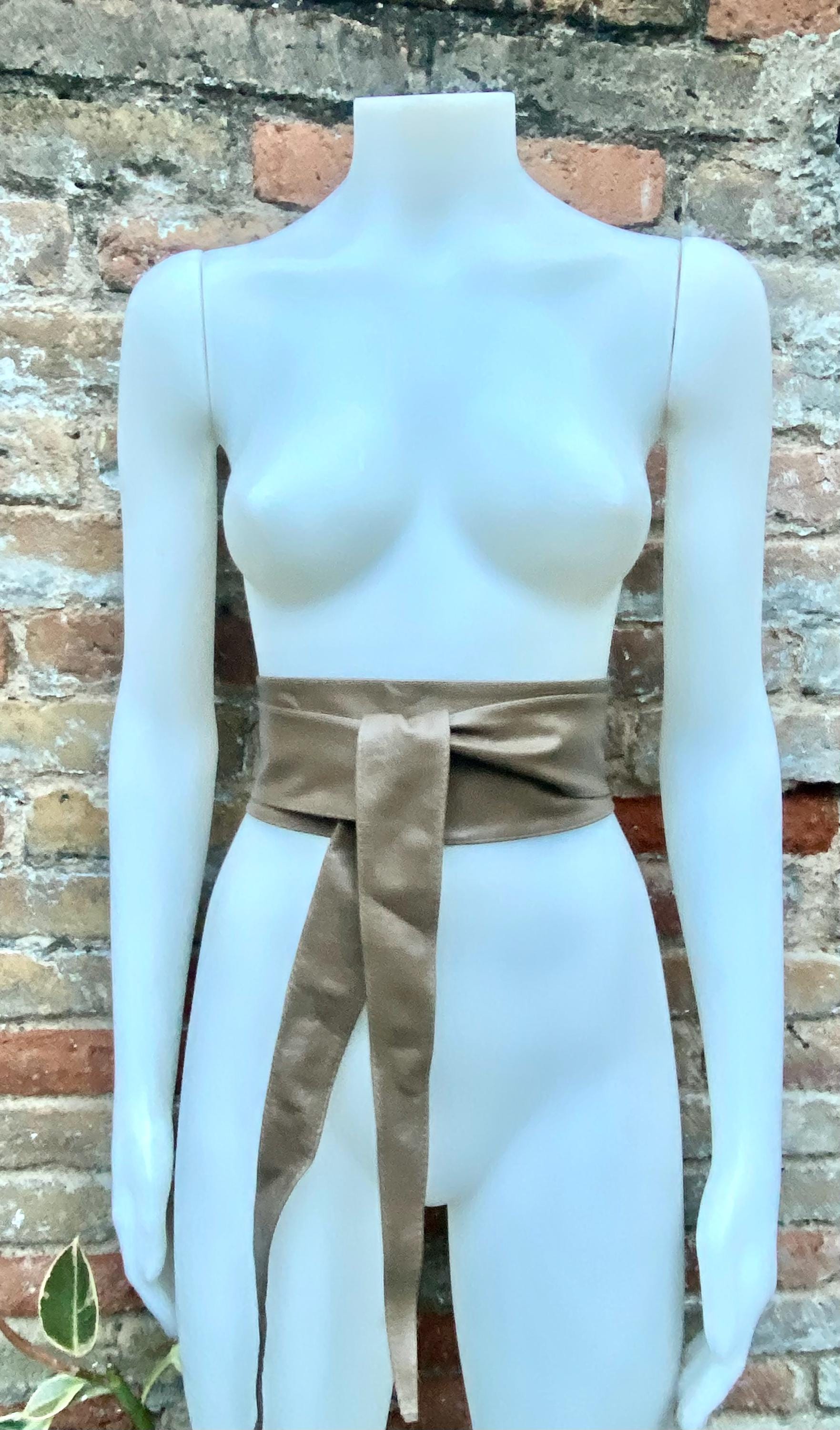 Light KHAKI brown obi belt. Wrap belt in soft genuine leather. Wraparound waist belt. Wide style. Boho wide dress belt in light taupe brown